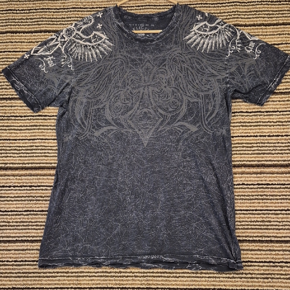 AFFLICTION Grey Silver Tie Dye Wings Cross Abstract Cotton USA XL T Shirt Y2K